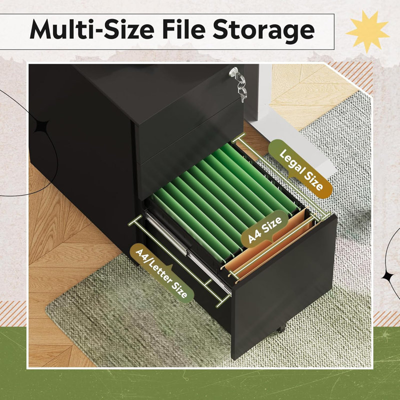 11.8 Inch Small File Cabinet With 3 Drawers, Rolling Filing Cabinet, Black