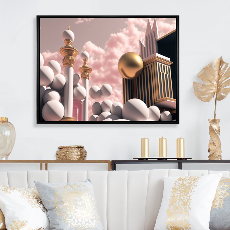 Sphères surréalistes sous un ciel rose - reproduction sur toile, H 24 po x l 32 po x P 1 po, Toile avec cadre flottant noir