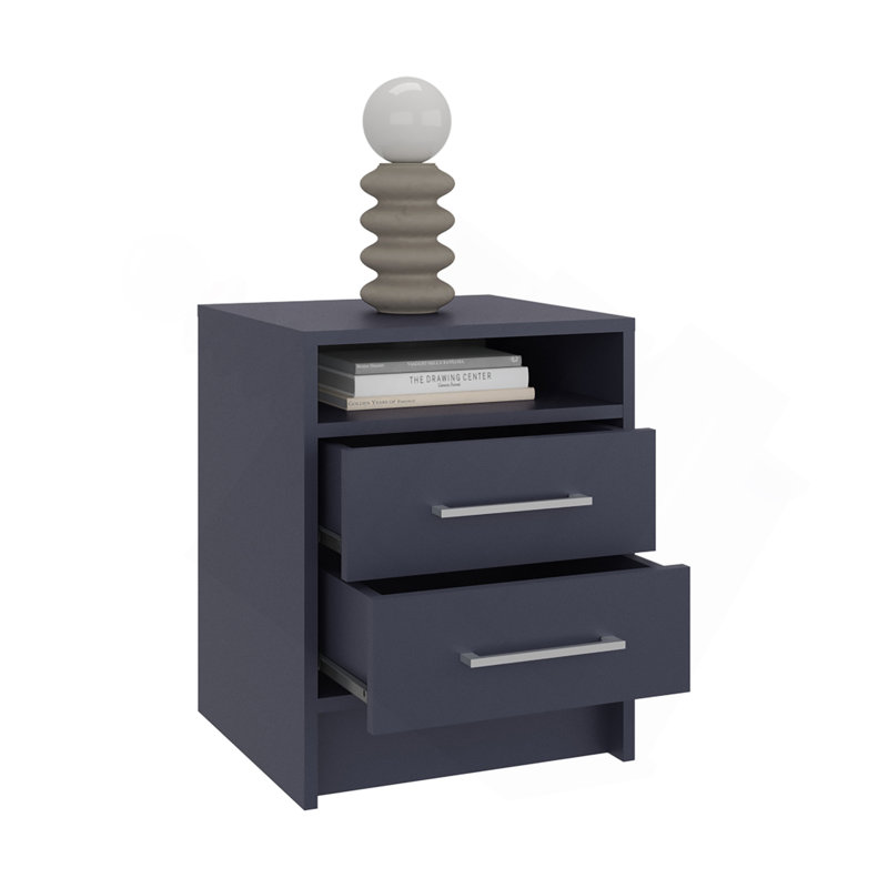 Table de chevet Eter avec deux tiroirs et une tablette de rangement ouverte, rangement pour chambre à coucher moderne