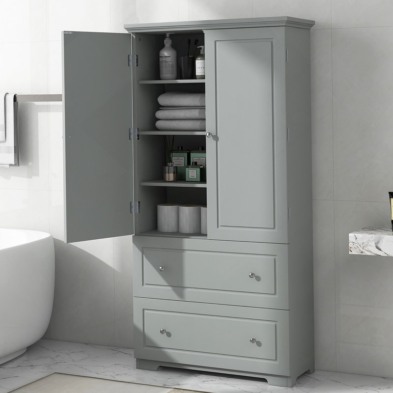 Jamyira Sturdy Tall Bathroom Storage Cabinet | 2-Door + Drawer Design | Adjustable Shelves | Water-Resistant MDF Finish | Freestanding Organizer for Toiletries & Linens