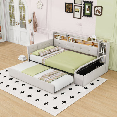 Upholstered Daybed with Trundle, USB Ports, LED Lights and Shelves