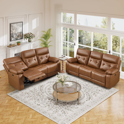 83.86" W Modern Super Soft Top Grain Leather Tufted  Power Reclining Sofa With Dual Hidden Cup Holders & USB Port(Set Of 2)