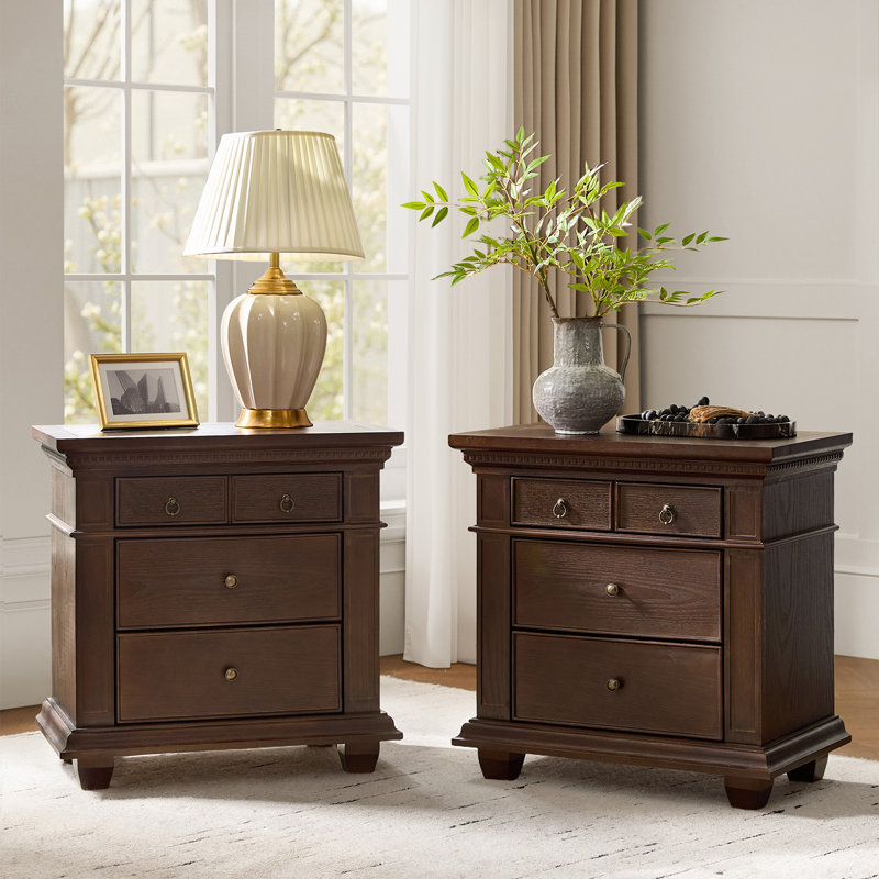 Auguste Transitional 26"W 3-Drawer Solid Wood End Table with Charging Station and Simple Assembly(Set of 2), Walnut