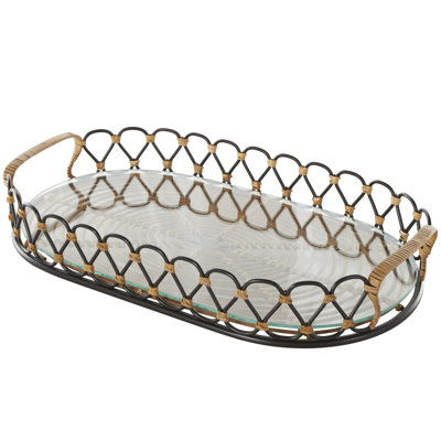 Carli Metal Circular Woven Decor Black Tray with Glass Base