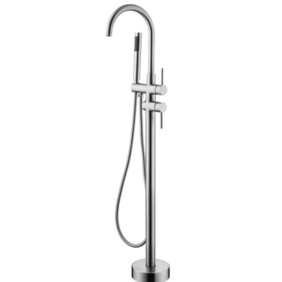 Brushed Nickel Standing Tub Filler With Handheld Shower, 360 Swiveling Spout, Floor Mounted, And Attractive Faucet Degree Rotatable Long-lasting Elegant