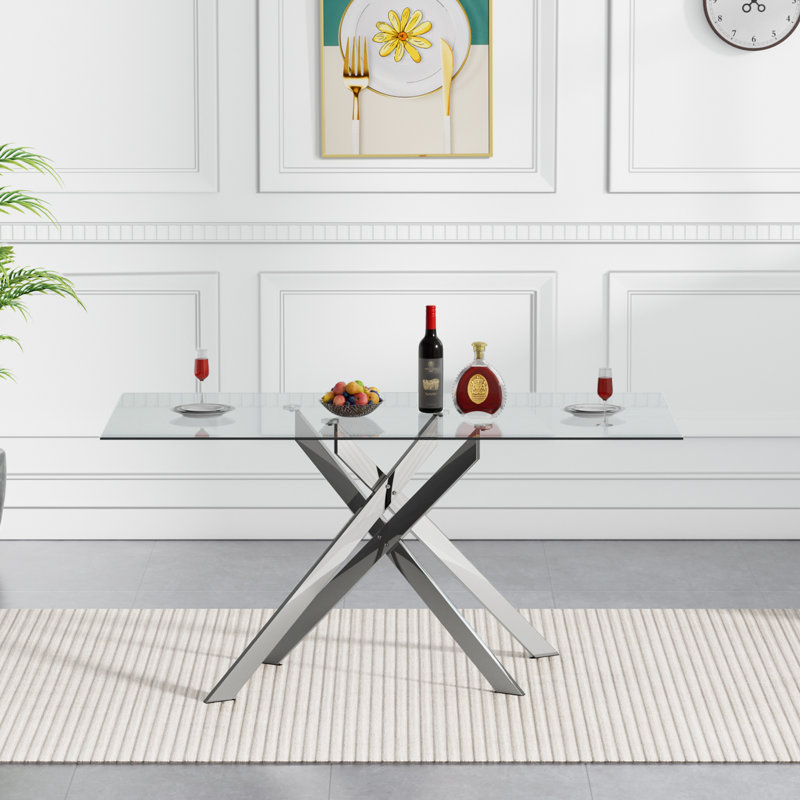 51" Rectangular Glass Dining Table for 4, Modern Kitchen Glass Top Table with Metal Legs, Clear Dining Table Kitchen Table for Home Office Dining Room