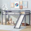 Twin Low Loft Bed With Slide, Ladder, And Safety Guardrails, Rubber Wood Construction, Grey Finish For People' Rooms-118038264