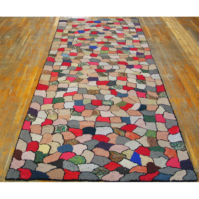 American Hooked Antique Multicolor Jewel Tones Allover Geometric Wool 1930s Rug