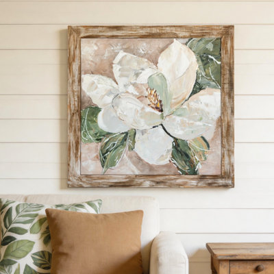 39,5 x 39,5 x 1,2 po, art de magnolia blanc peint à la main avec cadre en bois de sapin rustique