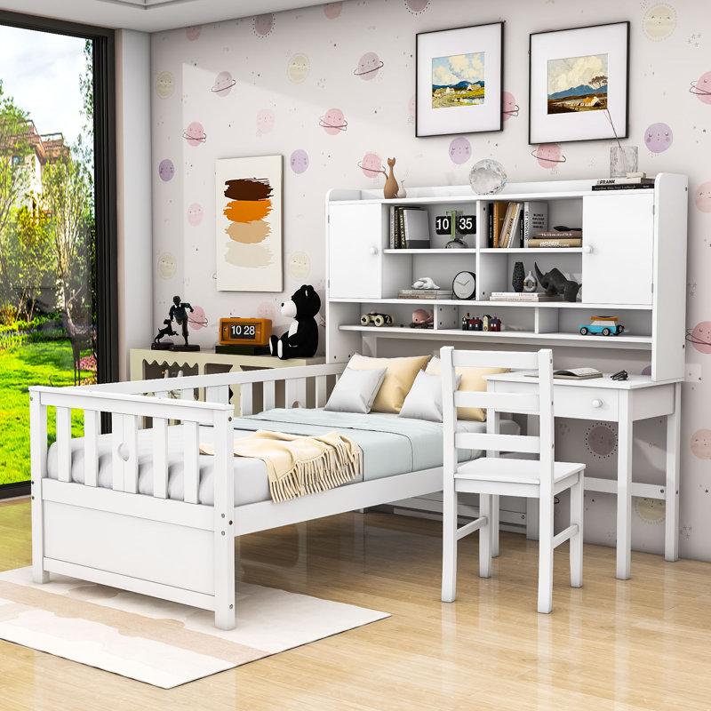 Twin Wood Platform Bed with Bookshelf, Chair, Desk and Drawer, White