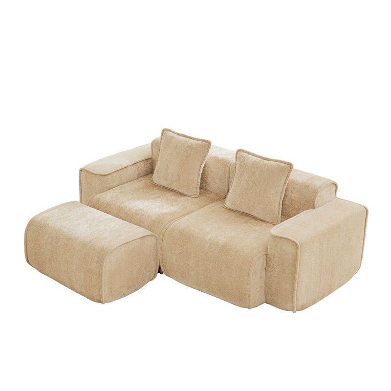Canapé modulaire en L à 2 places avec passepoil à bordure française, sans assemblage requis, canapé à 2 places avec coussins décoratifs et 1 repose-pieds mobile, tissu de velours