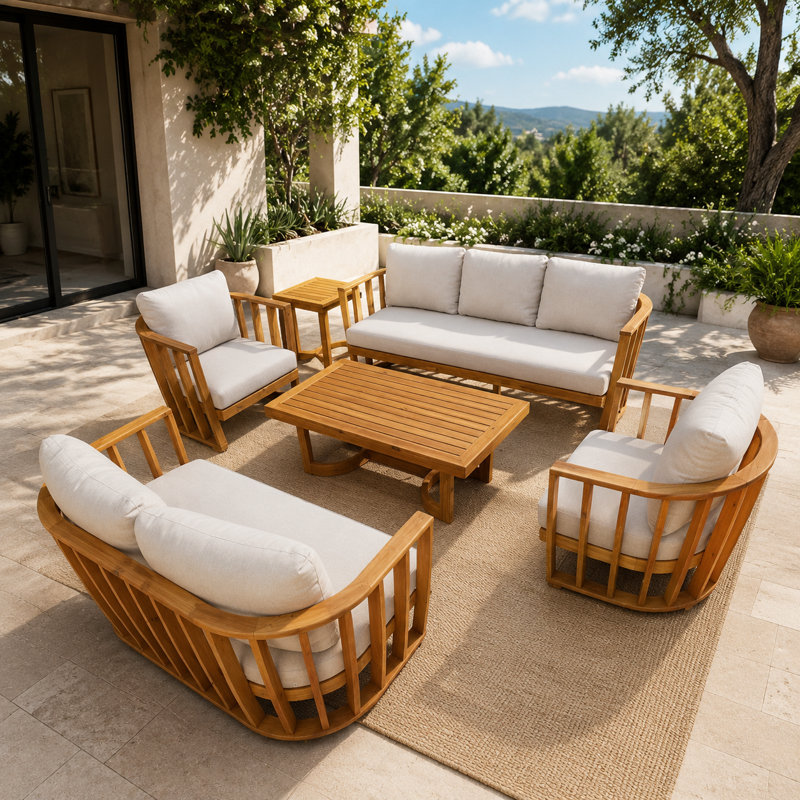 Ensemble de conversation d'extérieur en bois d'acacia avec coussins 5 pièces Helga
