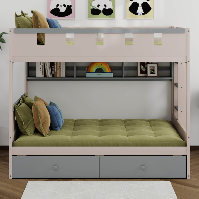Lit superposé avec lumières DEL, lit superposé de style château en bois avec tiroirs de rangement et tablette, Full, Grey