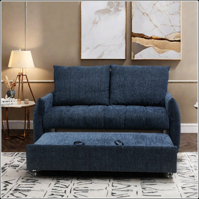 57.48 Inch Big Size Sofa Bed With Adjustable Backrest, Modern Navy Linen Fabric Loveseat Sleeper For Living Room