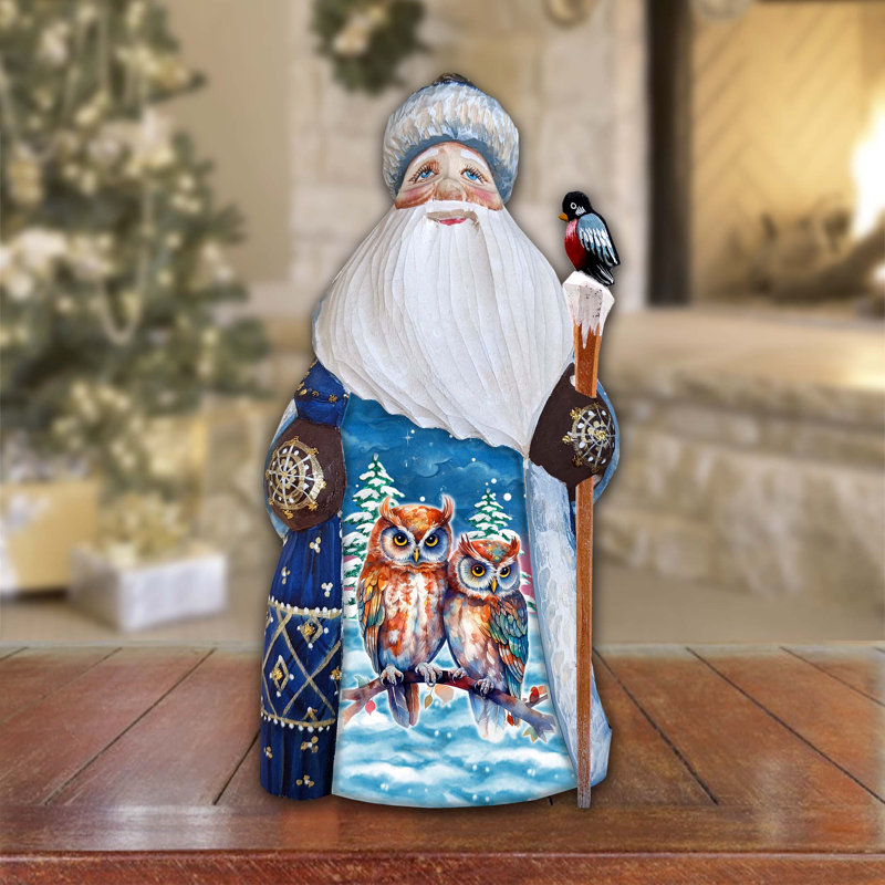 Couple Of Owls Santa Wood Carved Masterpiece Figurine By G. Debrekht