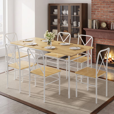Ensemble de table de salle à manger 7 pièces pour 6 personnes, table de cuisine rectangulaire et 6 chaises avec cadres en métal, plateau en bois aggloméré et finition PVC, ensemble de mobilier de salle à manger moderne