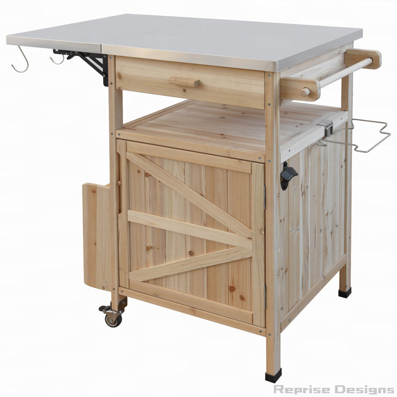 Chariot de barbecue extérieur avec plateau en acier inoxydable et abattant, Naturel