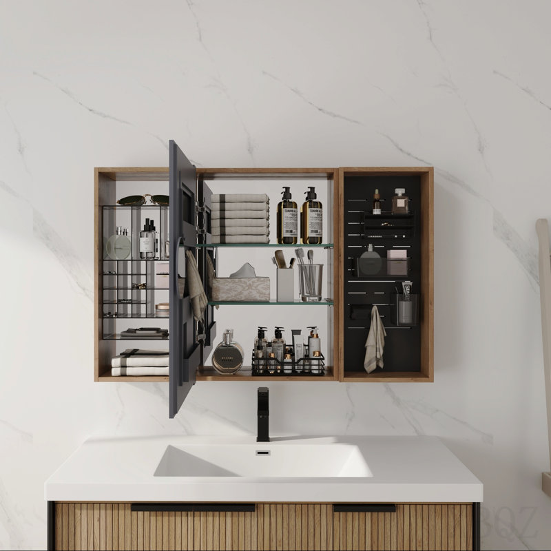 43.7'' Bathroom Mirror Cabinet With Storage Combination,Wall Mounted Medicine Cabinet With Mirror Door,Storage Cabinet With Accessories-Frosted Plastic Bins & Hooks,Plywood