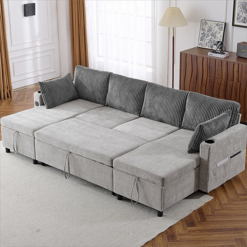 Canapé-lit modulaire de 113,4 po avec canapé-lit polyvalent avec grand espace de rangement, deux ports USB et deux porte-gobelets pour le salon, gris