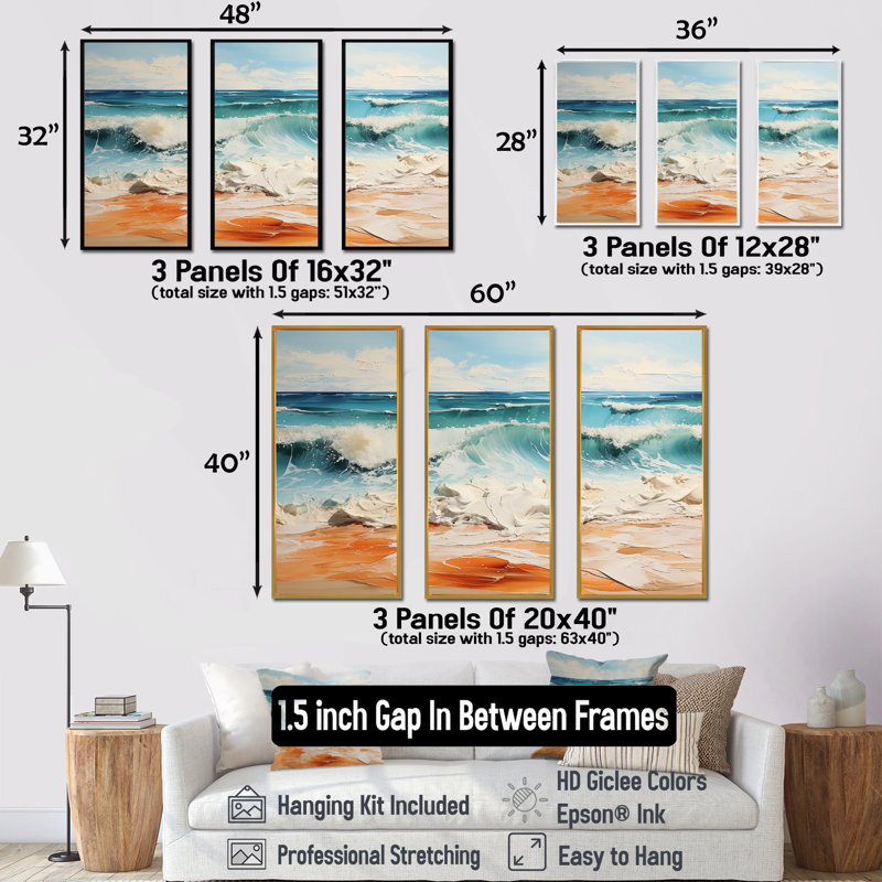 Teal Waves Fight III - ensemble d'art mural sur toile plage, Cadre flottant noir, H 32 po x l 48 po x P 1 po