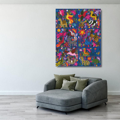 Incroyable tapisserie mexicaine multicolore sur fond bleu