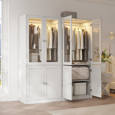 74.8" H 2-glass Door Wardrobe Armoire, Wardrobe Closet With Smart Led Light, Hanging Bar, And 2 Storage Shelves (set Of 2)