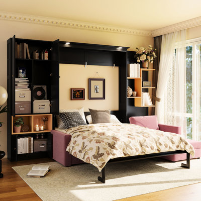 Queen Size Bed, Featuring A Spacious And Comfortable , Multi - Layer Storage, Dual Lights, Black & Pink For Home Use Modern Space Saving Bed With Storage Cabinets, Lighting, Multifunctional Spaces