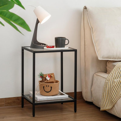 Table d'appoint moderne en verre trempé noir à 2 niveaux