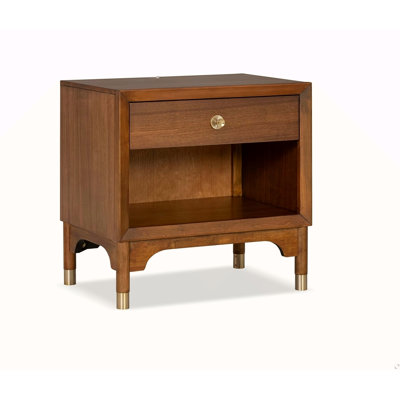 Mid Century Modern Style 1Pc Nightstand English Dovetail Drawer USB Port Gold Capped Legs Walnut Finish Bedroom Furniture