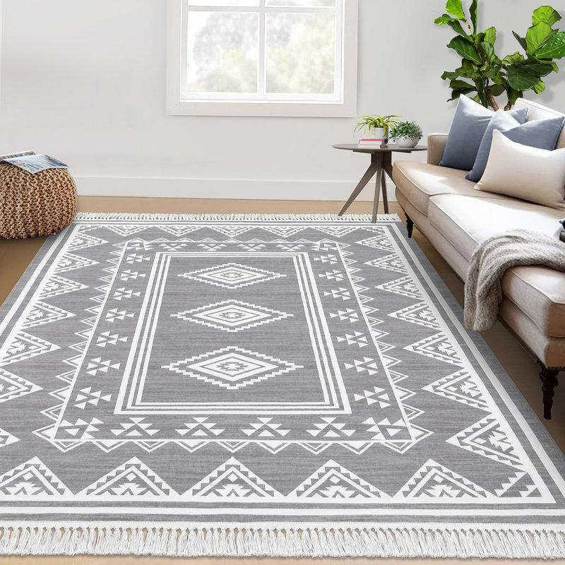Tassel Area Rugs Washable Bordered Accent Carpet with Non-Slip Backing, Stain-Resistant Farmhouse Floor Cover, Soft Low Pile Indoor Mat for Bedroom, Living Room