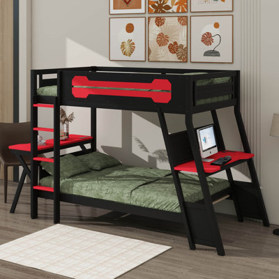 Twin Size Bunk Bed With Two Built-In Gaming Desks & USB Desktop Ports, Wooden Bunk Bed Frame With Pegboard Storage, Safety Rail, And Ladder