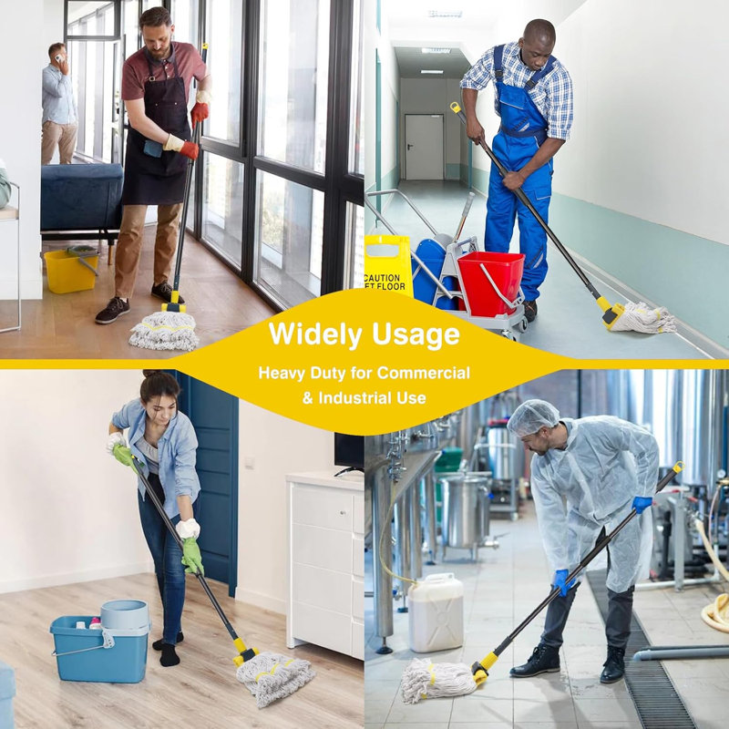 58" Clamp-On Mop Handle with 10-Gear Yellow Jaw Clamp – Heavy-Duty Stainless Steel Pole, Universal Fit for Cotton, Microfiber & String Mops