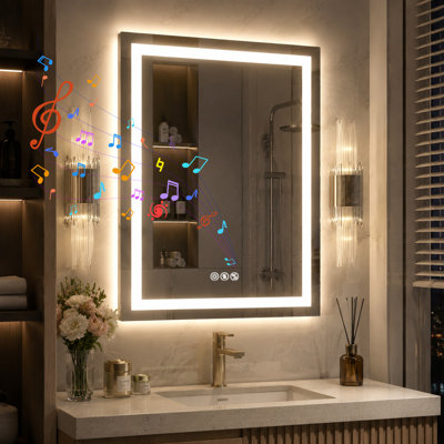 Bluetooth LED Bathroom Mirror with Dual Speakers, Front & Backlit, Anti-Fog, Dimmable Light & Memory – 31.5" x 24"