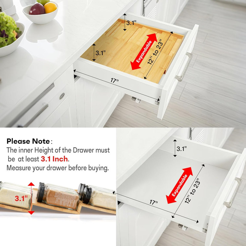 Bamboo Spice Drawer Organizer, (Need 3.1” Deep Drawer) Expandable 4 Tier Spice Rack