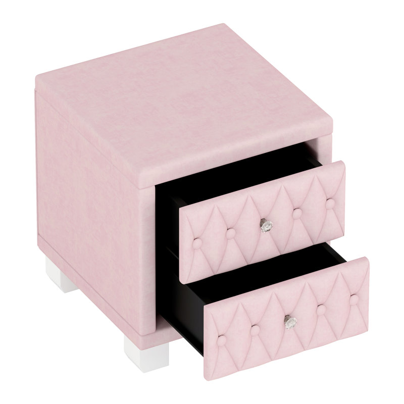 Élégante table de chevet rose avec 2 tiroirs à poignées en cristal, velours à boutons pour décor de chambre à coucher, poignées et tiroirs de table de chevet, pièce
