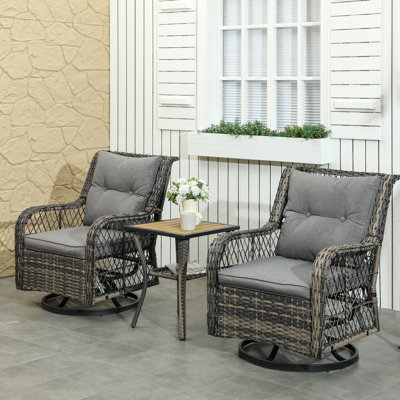 3 Pieces Wicker Bistro Set, Rattan Patio Furniture Set with Swivel Rocking Chairs and Storage Table, Thickened Cushions, Small Patio Set for Balcony,
