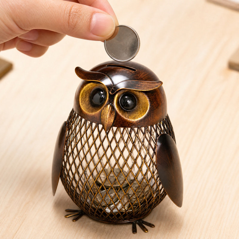 Pot de rangement en métal en forme de hibou, style vintage, avec éclairage souterrain, en fer forgé, pour pièces de monnaie. Décoration et ornements pour la maison.
