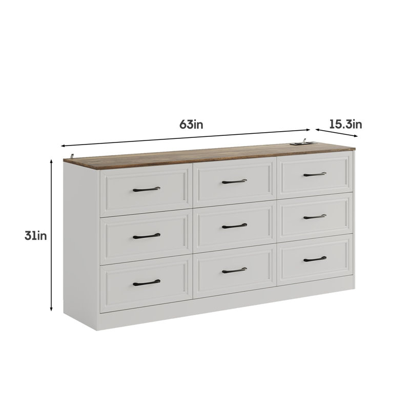 9 Drawer Wide Dresser For Bedroom, Brown