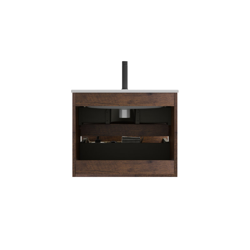 Meuble-lavabo moderne en noyer de 61 cm (24 po) - Grand espace de rangement, tiroirs silencieux, lavabo en céramique, robinet monotrou. Design tendance et spacieux.