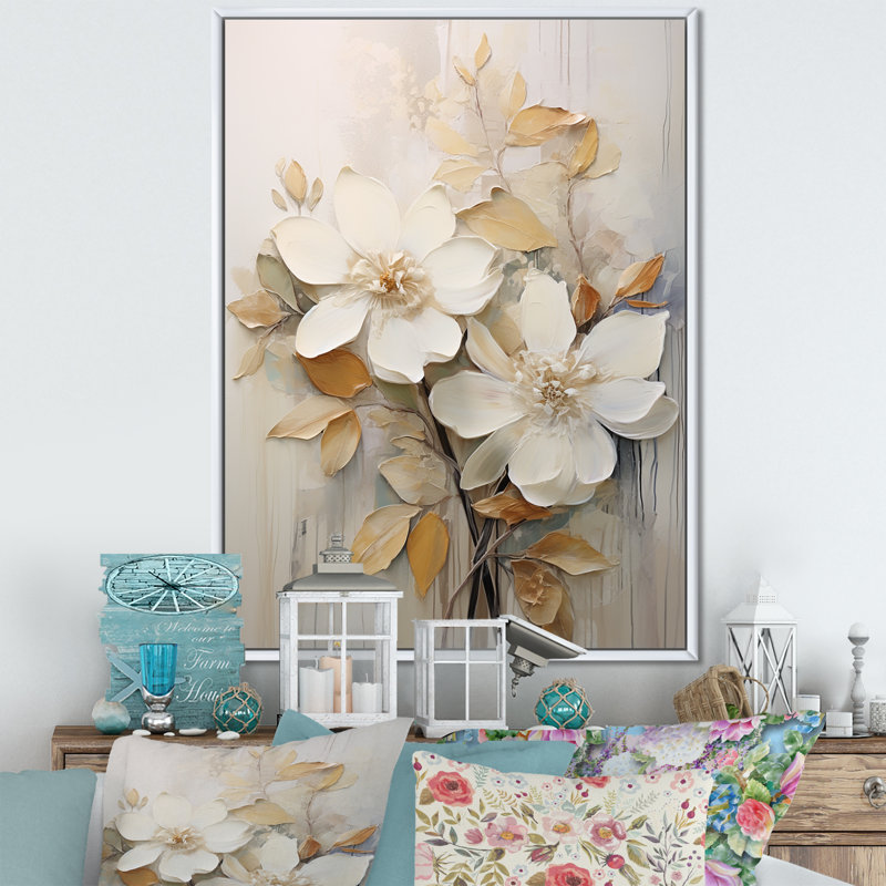 «Beige Seasonal Flowers Simplicity II», reproduction sur toile, Cadre flottant blanc, H 44 po x l 34 po x P 1,5 po
