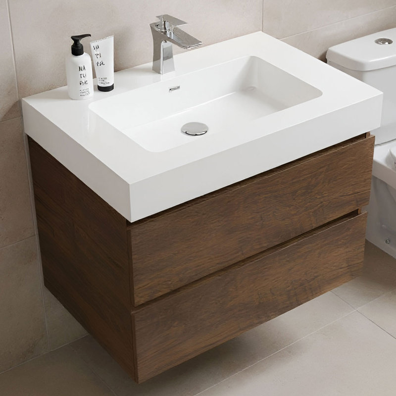 Meuble-lavabo mural simple de 30 po avec comptoir à surface solide avec trop-plein, pré-assemblé, Noyer, 30", Blanc
