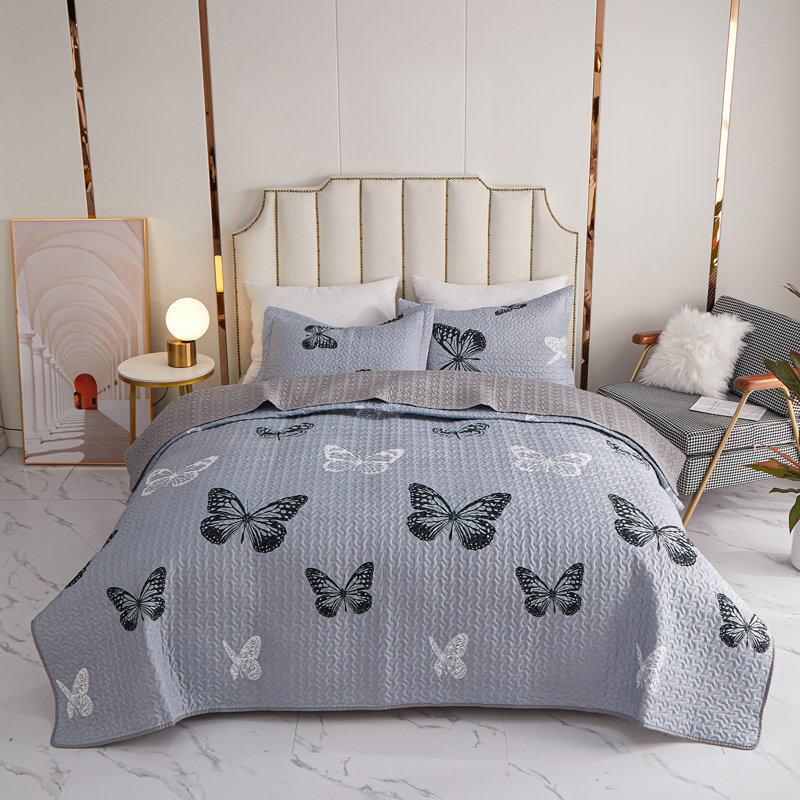 Ensemble de courtepointe à imprimé papillon: Couvre-lit doux en microfibre gris léger et chaud - Comprend une courtepointe et des taies décoratives, idéale pour la décoration de chambre