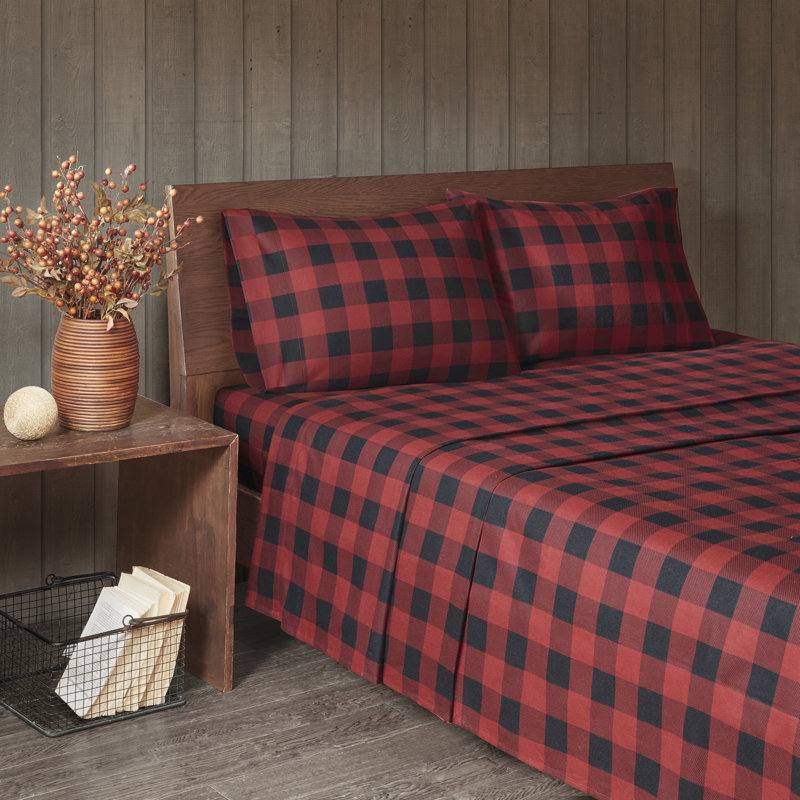 Ensemble de draps en flanelle 100% coton Woolrich, Ensemble de draps pour très grand lit avec 2 taie, Carreauté rouge / noir