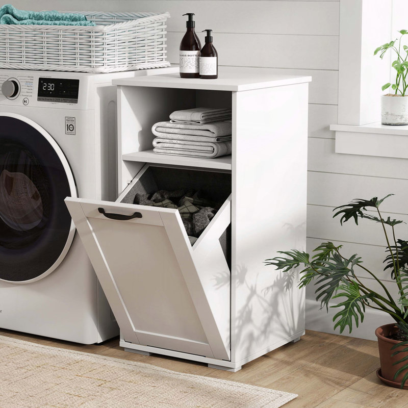 Laundry Cabinet with Removable Liner Bags and Open Shelf