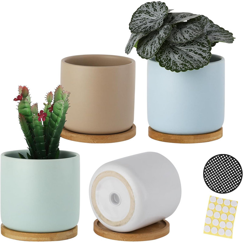 4" Ceramic Planters With Drainage & Saucers