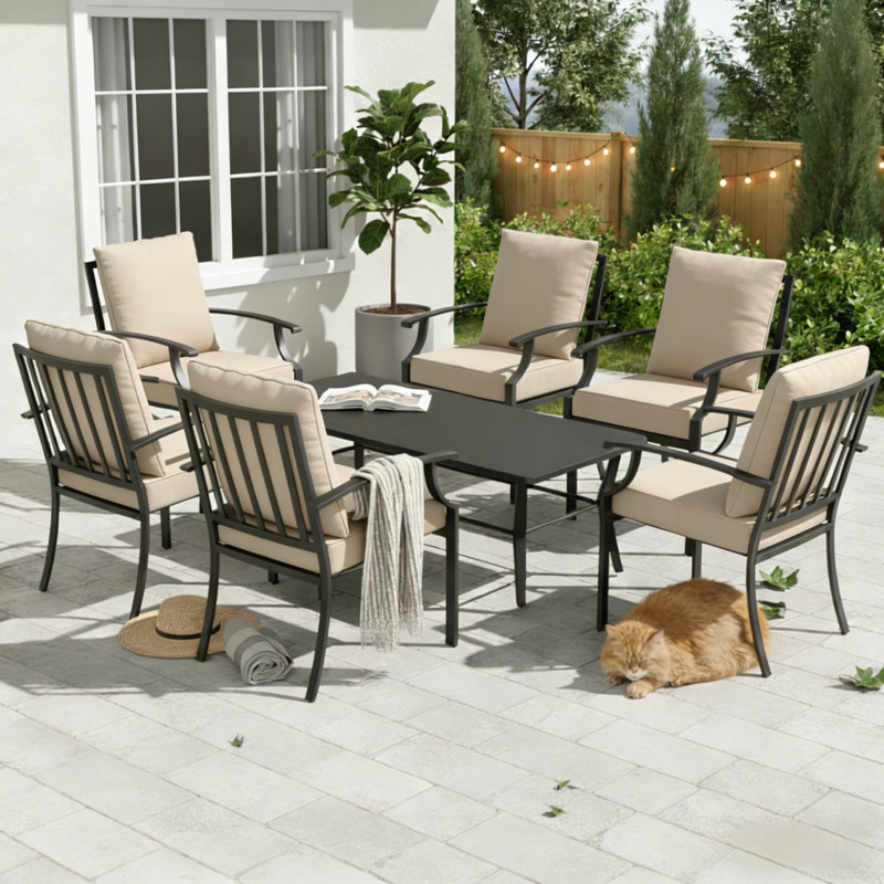Premium All-Weather Metal 7-Piece Patio Dining Set With Cushions – Rust-Resistant Chairs & Rectangular Table, Tan