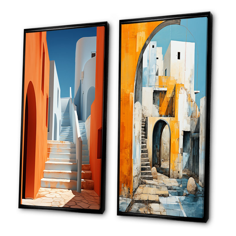 Escalier bleu azur - Ensemble de 2 reproductions de toiles abstraites, Cadre noir, H 40 po x l 41 po