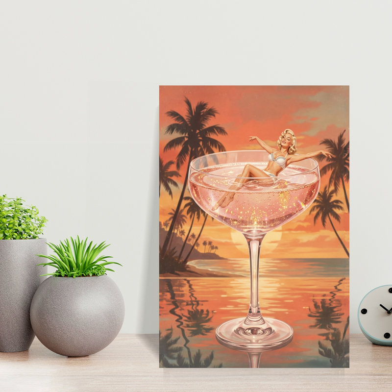 Champagne, coucher de soleil, trempette, rétro, abstrait, palmier, plage, océan, art mural, H 18 po x l 12 po
