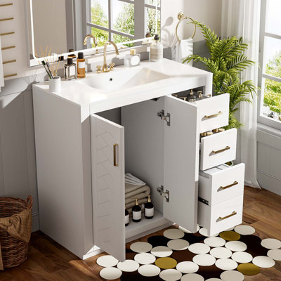 36'' Bathroom Vanity with Ceramic Sink Combo,Solid Wood Frame Bathroom Storage Cabinet,Freestanding Vanity Set with 3 Drawers& Soft Closing Doors