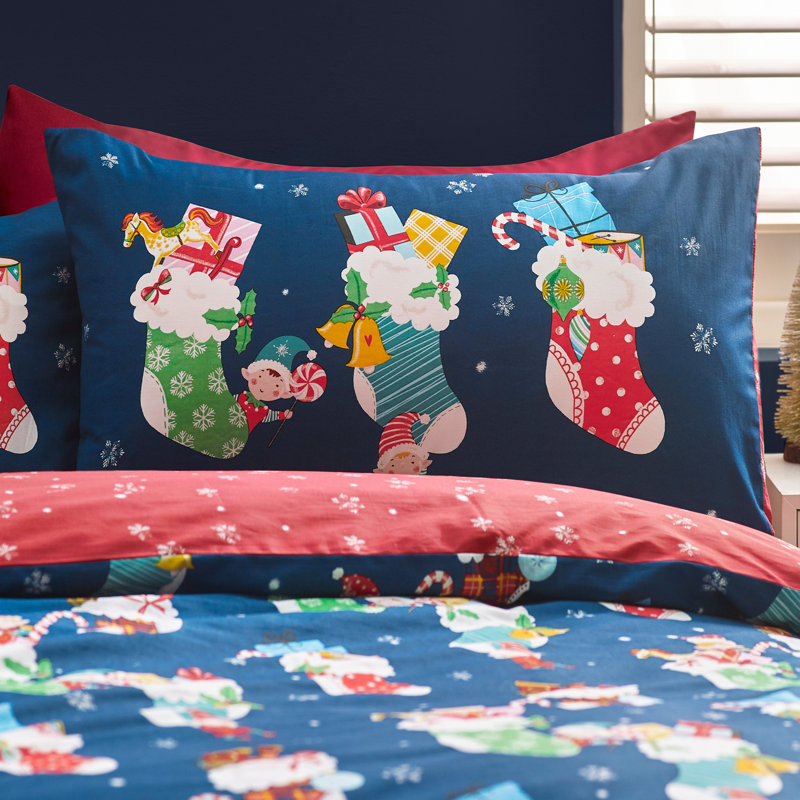 Christmas Elves Cotton Rich Duvet Cover Set, Single Duvet Cover Set + 1 Standard Pillowcase
